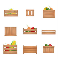 Wall Mural - Realistic Detailed 3d Fruits Vegetables Wooden Box Set. Vector