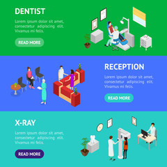 Wall Mural - Dentistry Interior Banner Horizontal Set Isometric View. Vector