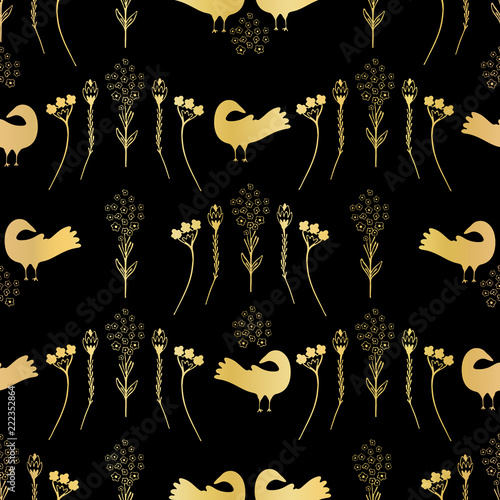 Fotografija Luxury Gold Black Folk Art Daisies Birds Seamless Pattern Vector Texture, Illust