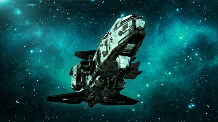 Wall Mural - old alien spaceship in deep space, dirty spacecraft flying in the universe with stars in the backgro