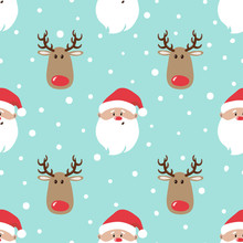Seamless Christmas Pattern With Cartoon Santa And Deer. Wrapping Paper Design.