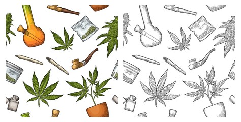 Seamless pattern with marijuana leaf. Vintage black vector engraving illustration