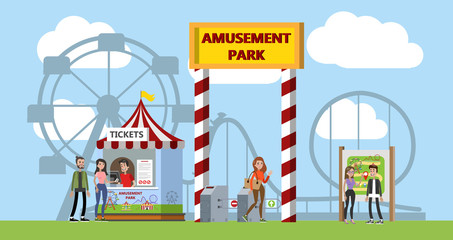 Amusement park entrance with carousles on the background