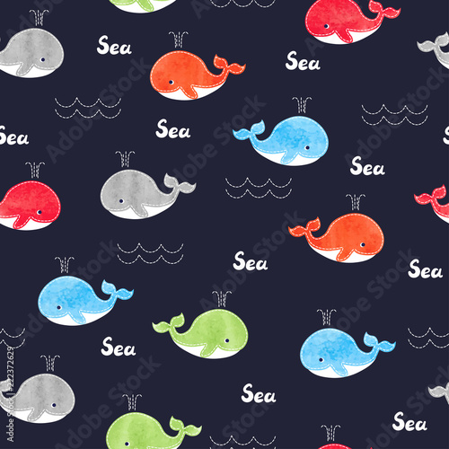 Childish seamless pattern with cute colorful watercolor whales.