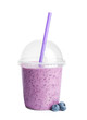 Tasty blueberry smoothie in plastic cup on white background
