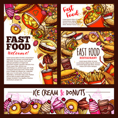 Wall Mural - Fast food burgers, pizza and dessert vector sketch