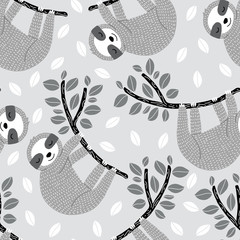 Seamless vector pattern with sleepy sloths hanging on leafy branches