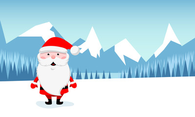 Funny Santa Claus on the background of a winter mountain landscape with a forest and a snow-covered field. Vector illustration.