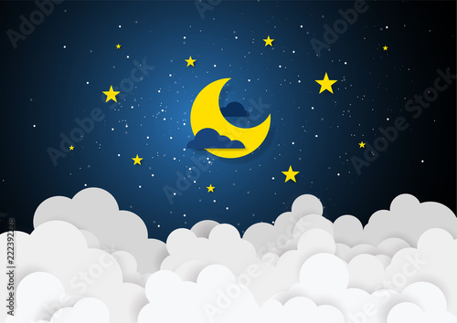 Cuadros en Lienzo Paper art style of moon and stars in midnight concept