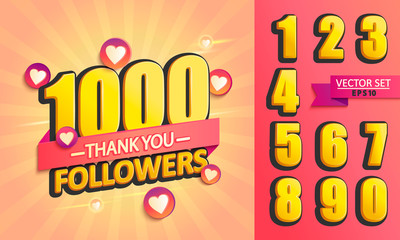 Set of numbers for Thanks followers design.Thank you followers congratulation card. Vector illustration for Social Networks. Web user or blogger celebrates and tweets a large number of subscribers.