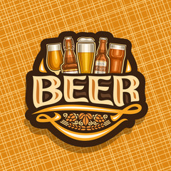 Vector logo for Beer, dark sign with pint glasses of draft czech pilsner and bottles of craft german lager, original typeface for word beer, vintage coaster for bavarian bar with barley spikelets    