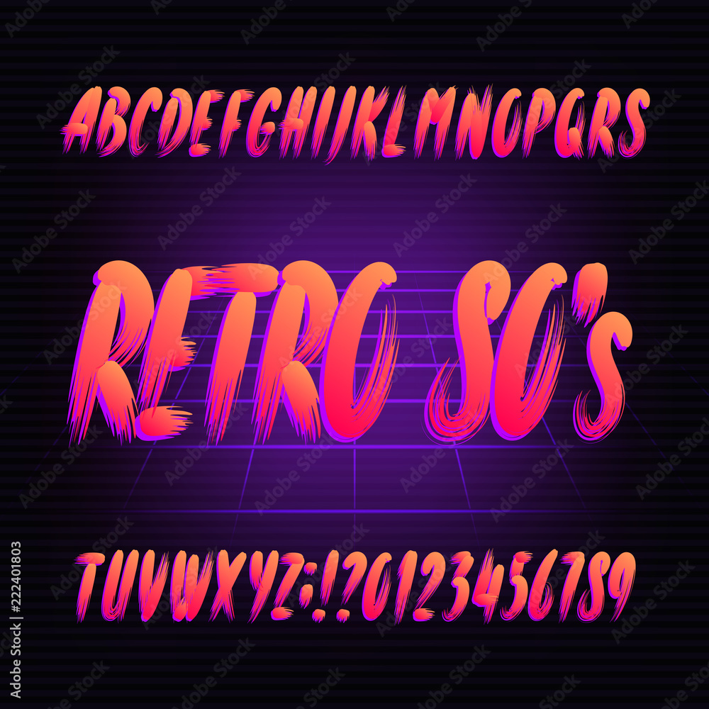 80s retro alphabet font. Uppercase hand drawn brushstroke letters and ...