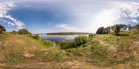 Wall Mural - full seamless spherical panorama 360 by 180 angle view on the shore of width river neman in sunny summer day in equirectangular projection, ready VR virtual reality content