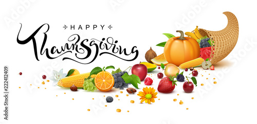 Happy Thanksgiving Day handwritten calligraphy text greeting card. Cornucopia harvest