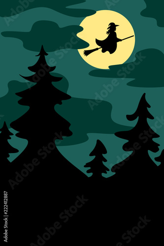 Silhouettes Of Witch Flying On Broom Full Moon On The Night Forest Background Vector Buy This Stock Vector And Explore Similar Vectors At Adobe Stock Adobe Stock