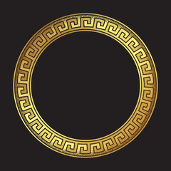 Antique greek style gold meander ornanent hand drawn line art and dot work round frame design vector illustration.