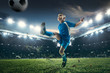 © master1305 - Young boy with soccer ball doing flying kick at stadium. football soccer players in motion on green grass background. Fit jumping boy in action, jump, movement at game. Collage