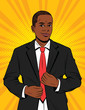 © yana_atchori - Vector color pop art style illustration of a businessman in suit. A handsome African-American guy in a black jacket. Happy successful Office manager