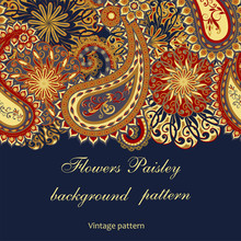 Abstract Vintage Pattern With Decorative Flowers, Leaves And Paisley Pattern In Oriental Style.