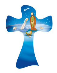 Christian cross whit vector nativity scene on blue background