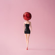 © Zamurovic Brothers - Girl in black dress with red disco ball head. Minimal party concept.