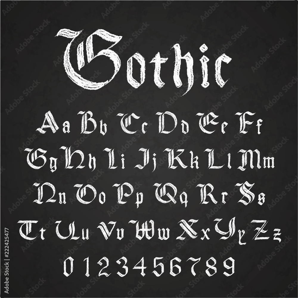 Old hand drawn gothic letters drawing with white chalk on black ...