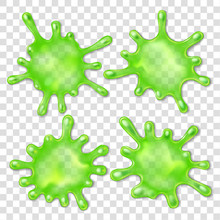 Green Slime Spot. 3d Splatter Snail Slug, Mucus Splash Spots With Dripping Drops Vector Illustration Set