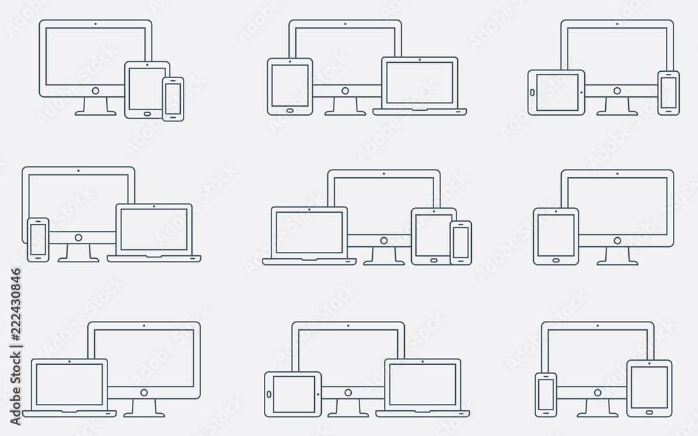 Vector set of outline device icons. Responsive digital devices icons. - obrazy, fototapety, plakaty 