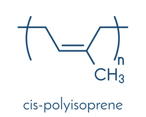 Poster - Natural rubber (cis-1,4-polyisoprene), chemical structure. Used to manufacture surgeons' gloves, condoms, boots, car tires, etc. Skeletal formula.