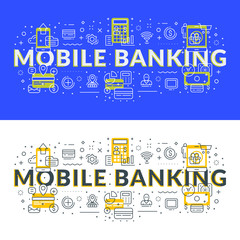 Wall Mural - mobile banking. flat line illustration concept for web banner and printed materials. vector illustra