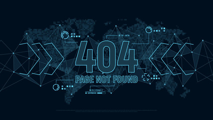 Modern futuristic template for error 404, page not found on background with polygons connection structure and world map in pixels. Digital data visualization. Vector illustration.