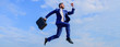 © be free - Success in business demands supernatural efforts. Businessman with briefcase jump high in motion forward. Businessman formal suit make effort to succeed blue sky background. Supernatural power