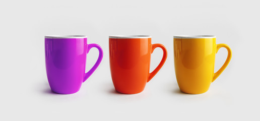 Three ceramic mugs. Cups for coffee or tea. Ready for your design.