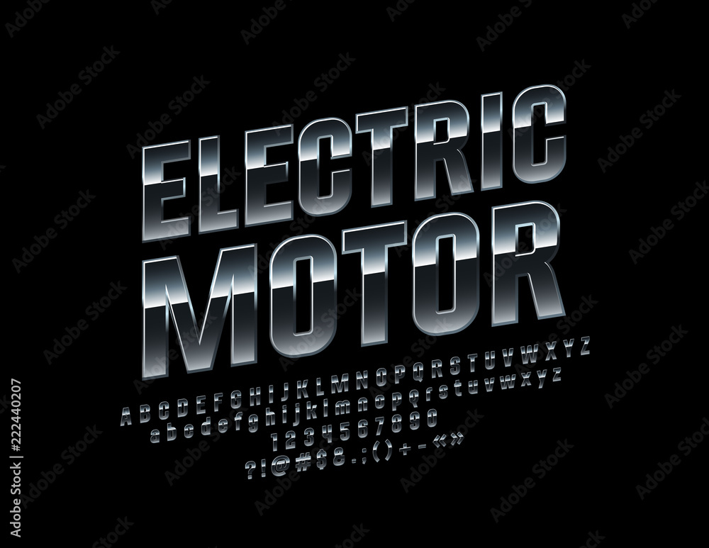 Vector metallic Electric Motor Sign with Font. Dark Silver ALphabet ...