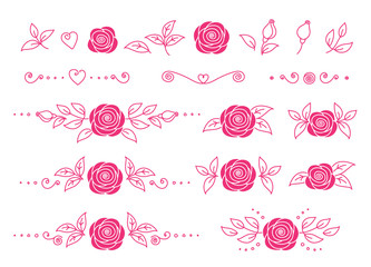 Wall Mural - set of pink hand drawn roses flowers