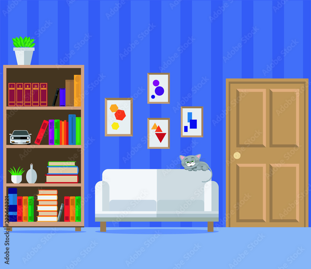 Living room with sofa, wardrobe and books. Vector illustration is not a ...