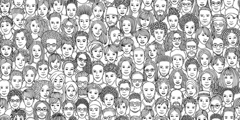 Diverse crowd of people - seamless banner of 100 different hand drawn faces of various ethnicities