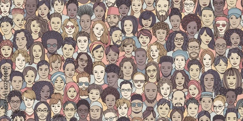 Fotomural Diverse crowd of people - seamless banner of 100 different hand drawn faces of v
