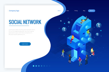 Wall Mural - isometric social media or social network concept. internet marketing, like and message icons, chatti