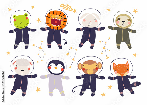 Set of cute funny animal astronauts in space suits, with stars. Isolated obje...