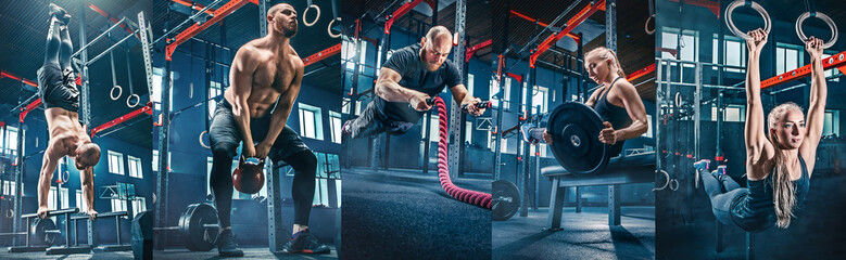 Collage about men with battle rope and woman in the fitness gym. The gym, sport, rope, training, athlete, workout, exercises concept