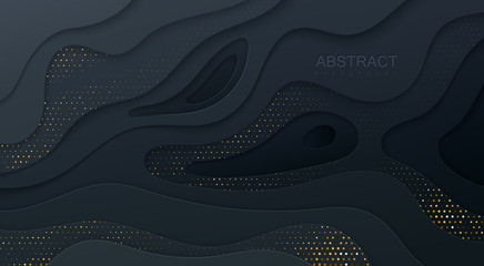 Wall Mural - black paper cut background. abstract realistic papercut decoration textured with wavy layers and gol