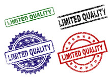 LIMITED QUALITY Seal Prints With Distress Style. Black, Green,red,blue Vector Rubber Prints Of LIMITED QUALITY Label With Grunge Style. Rubber Seals With Round, Rectangle, Medal Shapes.
