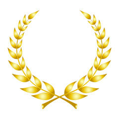 Laurel wreath icon. Emblem made of laurel branches. Golden laurel leaves symbol of high quality olive plants. Golden sign isolated on white background. Vector illustration