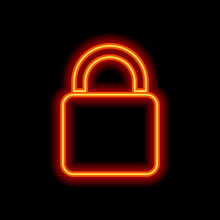 Lock Icon. Orange Neon Style On Black Background. Light Icon