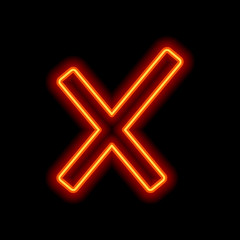 Wrong mark icon. Orange neon style on black background. Light ic