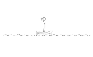 Canvas Print - Cartoon stick drawing conceptual illustration of man or businessman standing alone on the raft in the middle of ocean or nowhere looking for some hope or options to change his situation.