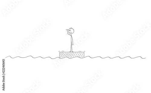 Cartoon Stick Drawing Conceptual Illustration Of Man Or Businessman Standing Alone On The Raft In The Middle Of Ocean Or Nowhere Looking For Some Hope Or Options To Change His Situation