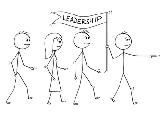 Wall Mural - Cartoon stick drawing conceptual illustration of leader with leadership flag leading a team of business people. Business concept of leadership and management.