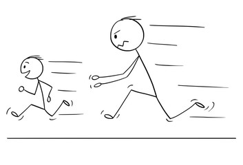 Poster - Cartoon stick drawing conceptual illustration of frustrated and angry father chasing naughty and disobedient son.